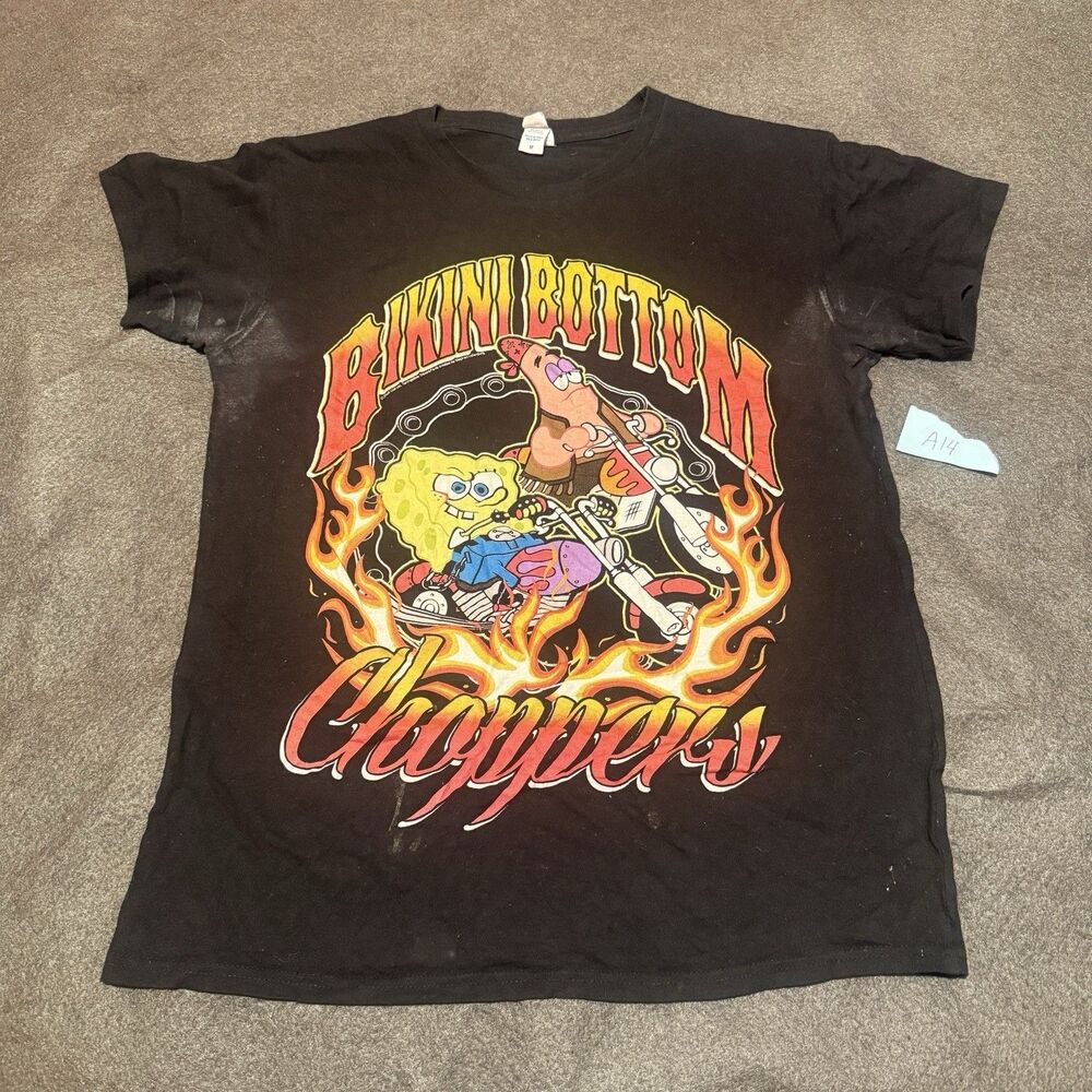 Brisco Brands Mens TShirt M Medium Black Spongebob Patrick Motorcycle Tee Shirt
